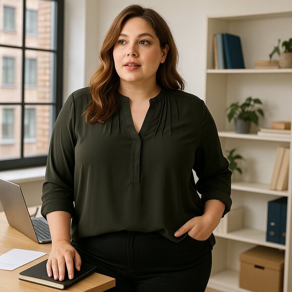 Simply Vera Vera Wang Dark Olive Pleated Split-Neck Blouse Size XXL - Picture 1 of 8